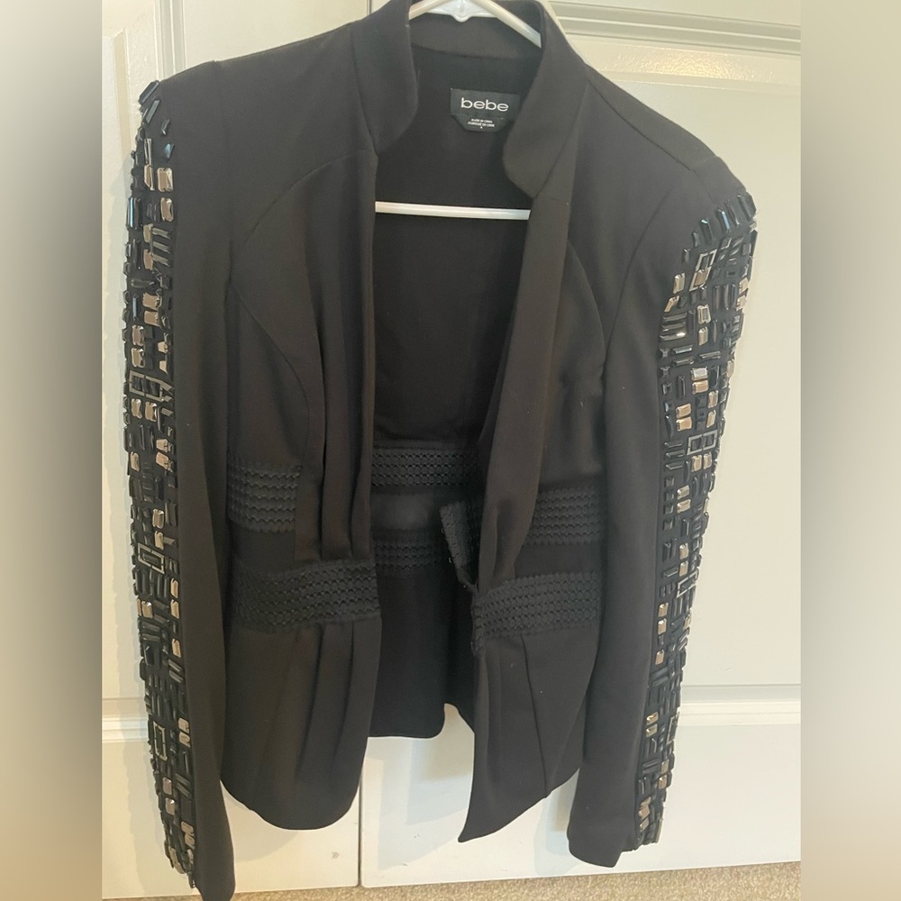 Bebe Black Knit Corset Blazer with Embellished Sleeves